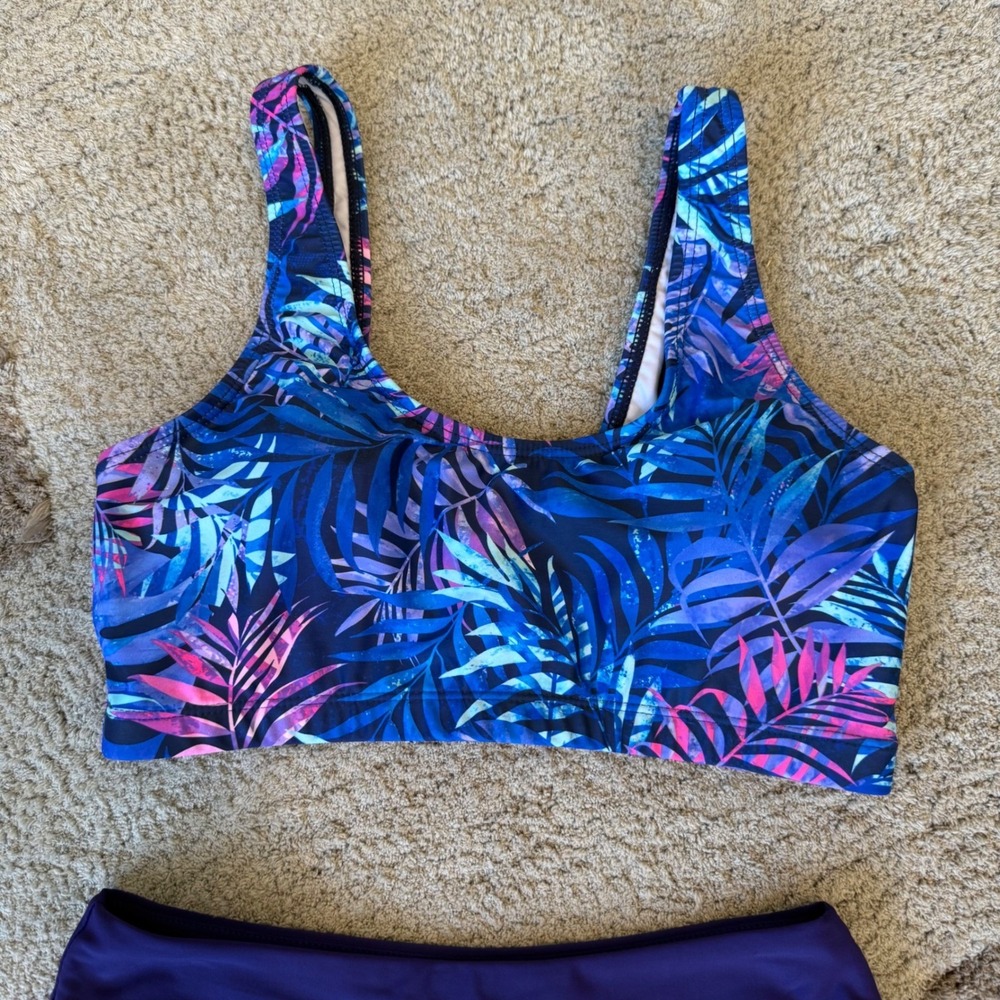 Holipick Women 3 Piece Rash Guard Swimsuit Set Tropical Palm Print Blue Purple S - Picture 3 of 12